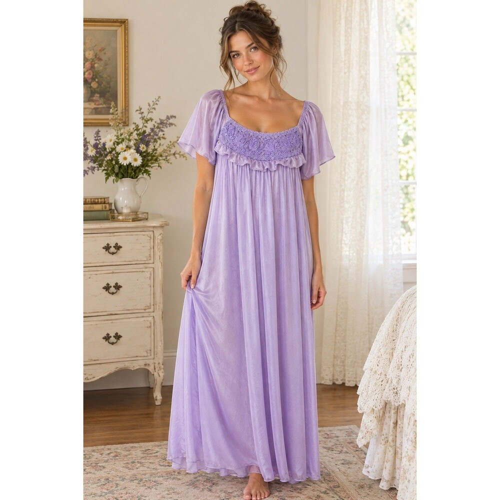 Y2K Lati Fashion Vintage Style Purple Lavender Floral Rosette Nightgown DressXXL